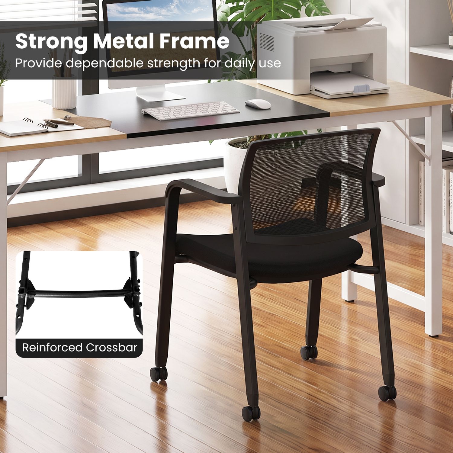 Set of 2 Stackable Rolling Office Chairs, Mesh Backrest, Black Conference Chairs at Gallery Canada