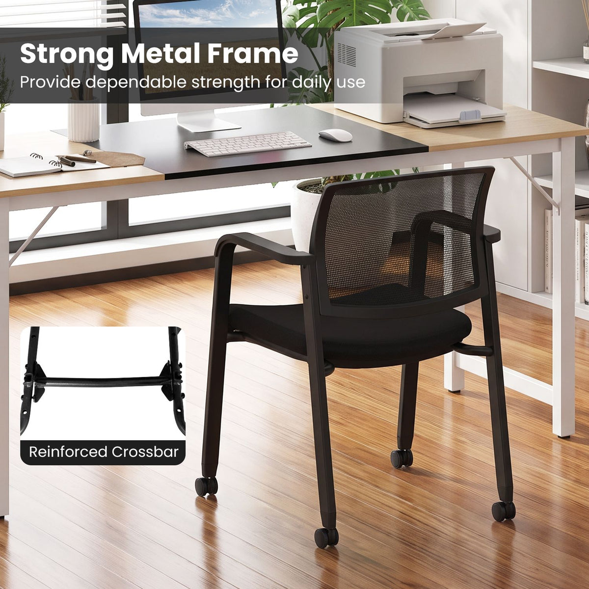 Set of 2 Stackable Rolling Office Chairs, Mesh Backrest, Black Conference Chairs at Gallery Canada
