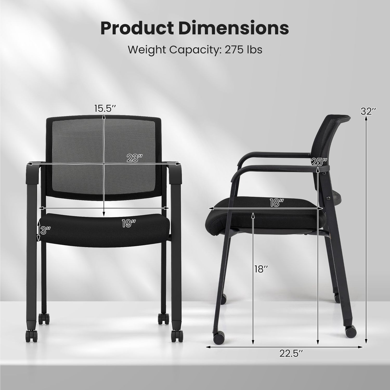 Set of 2 Stackable Rolling Office Chairs, Mesh Backrest, Black Conference Chairs at Gallery Canada