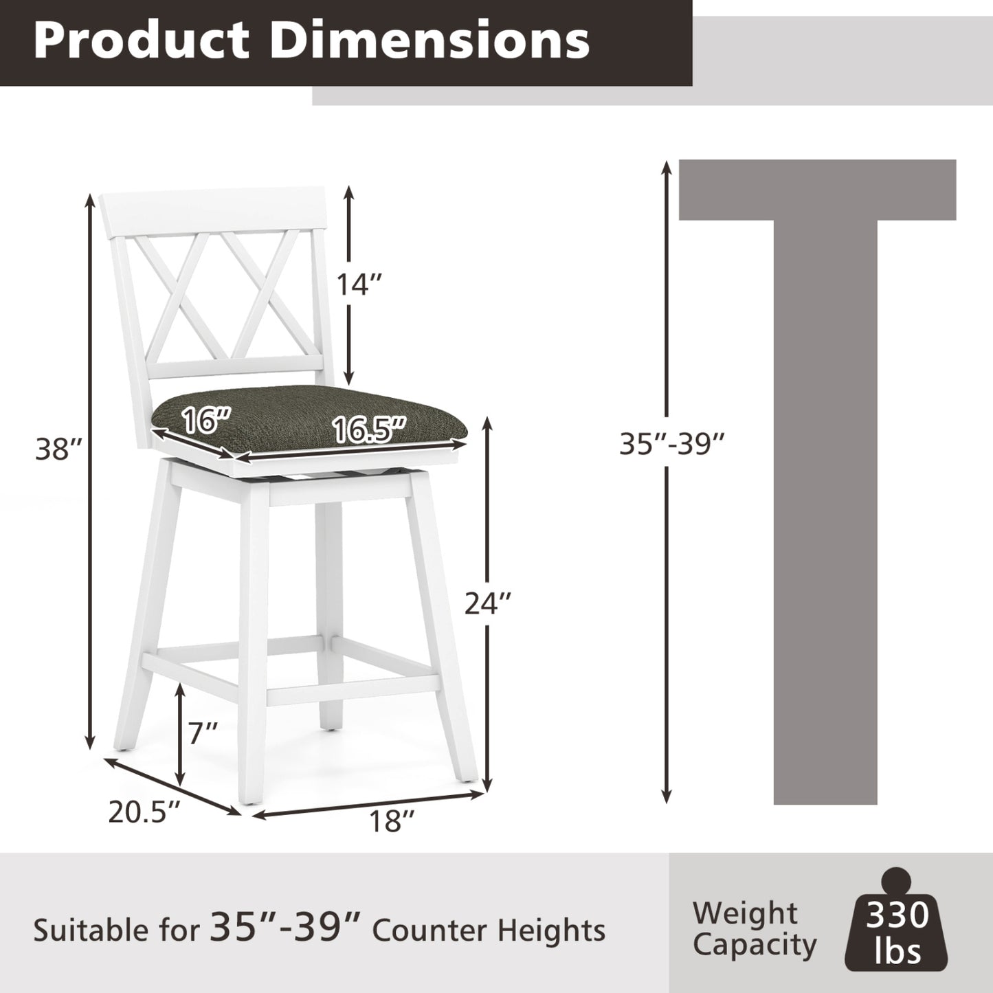 Set of 2 Swivel Bar Stools Counter Height Barstools with Backrest Upholstered Seat Cushion-24 inches Bar Stools at Gallery Canada