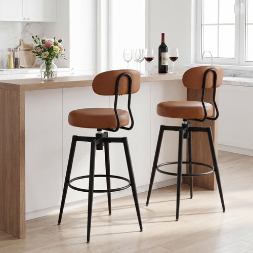 Set of 2 Swivel Barstools, Faux Leather, Brown
