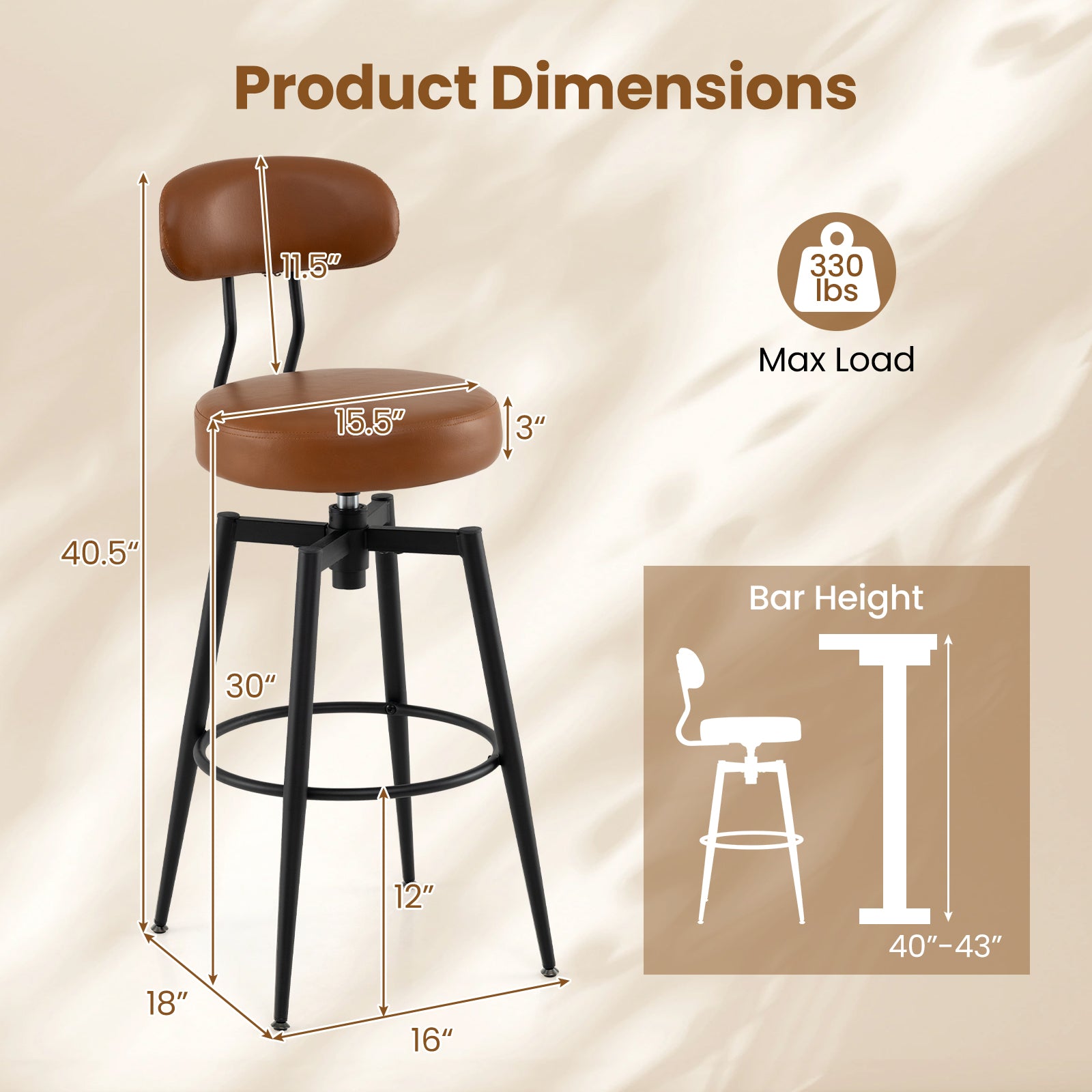 Set of 2 Swivel Barstools, Faux Leather, Brown Bar Stools at Gallery Canada
