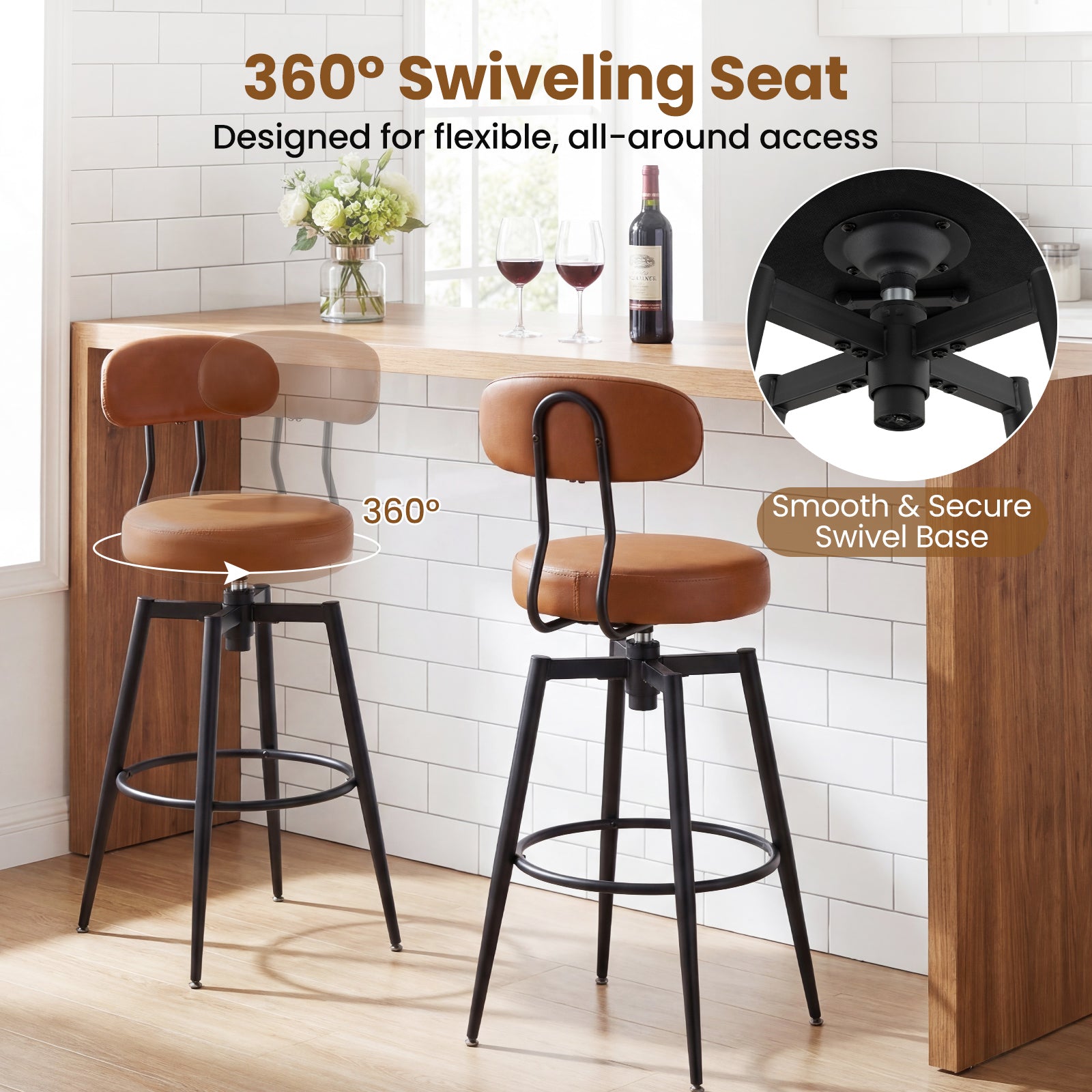Set of 2 Swivel Barstools, Faux Leather, Brown Bar Stools at Gallery Canada