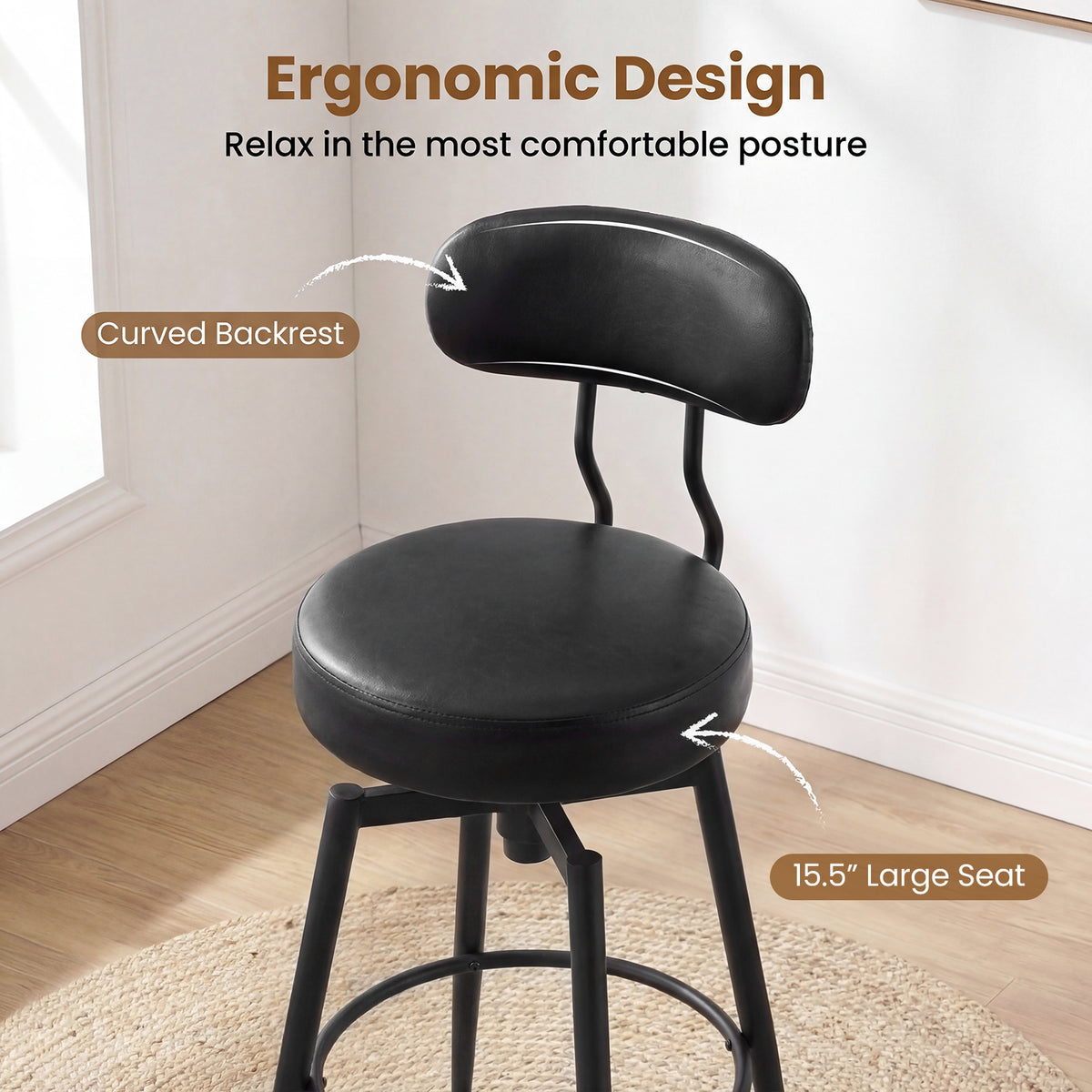 Set Of 2 Swivel Barstools, Faux Leather, Black Bar Stools at Gallery Canada