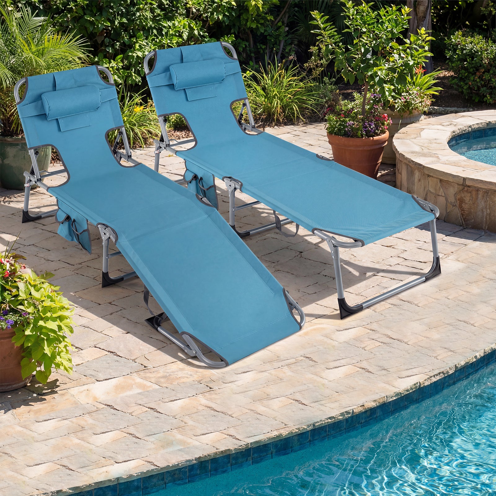 Portable Chaise Lounge Chair, 4-Position Adjustable Backrest, Set of 2, Navy Outdoor Chaise Lounges at Gallery Canada