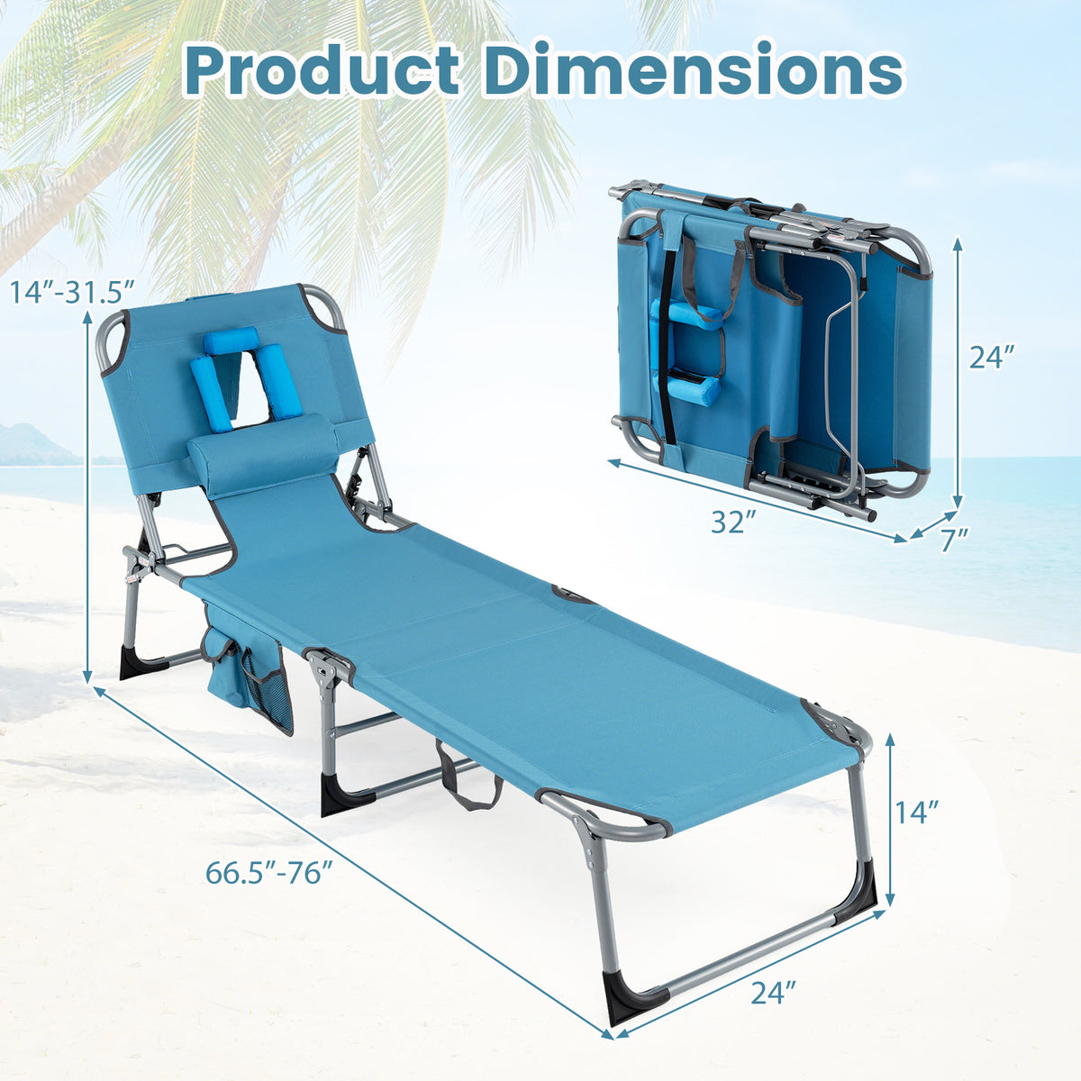 Portable Chaise Lounge Chair, 4-Position Adjustable Backrest, Set of 2, Navy Outdoor Chaise Lounges at Gallery Canada