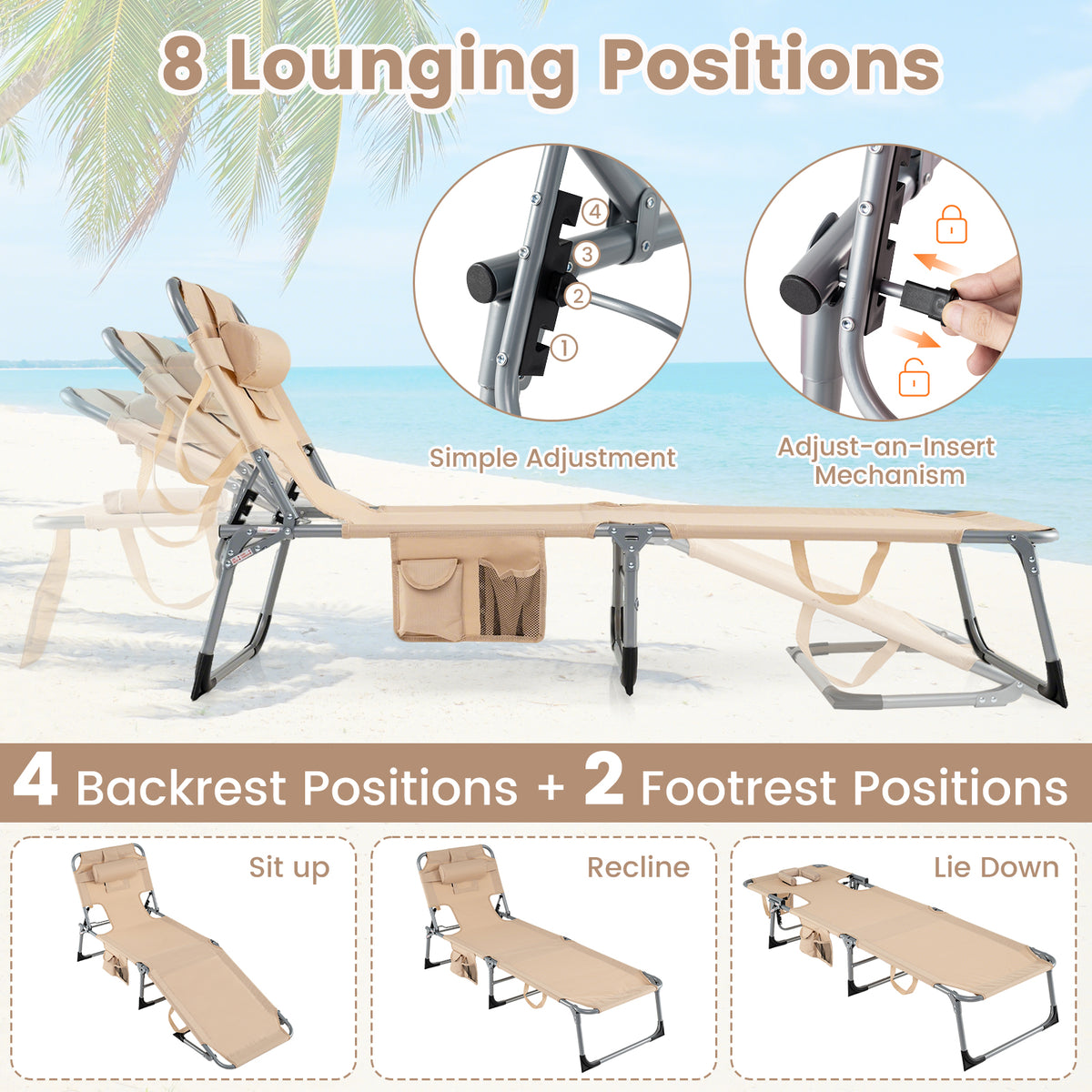 2 Tanning Chair, Portable Chaise Lounge, 4-Position Adjustable Backrest, Beige Outdoor Chaise Lounges at Gallery Canada