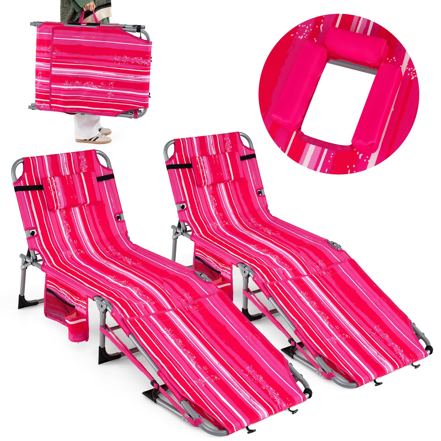 2 Tanning Chairs, Face Arm Holes, 4-Level Backrest Strip, Pink Beach & Lawn Chairs at Gallery Canada