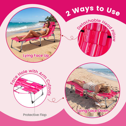 2 Tanning Chairs, Face Arm Holes, 4-Level Backrest Strip, Pink Beach & Lawn Chairs at Gallery Canada