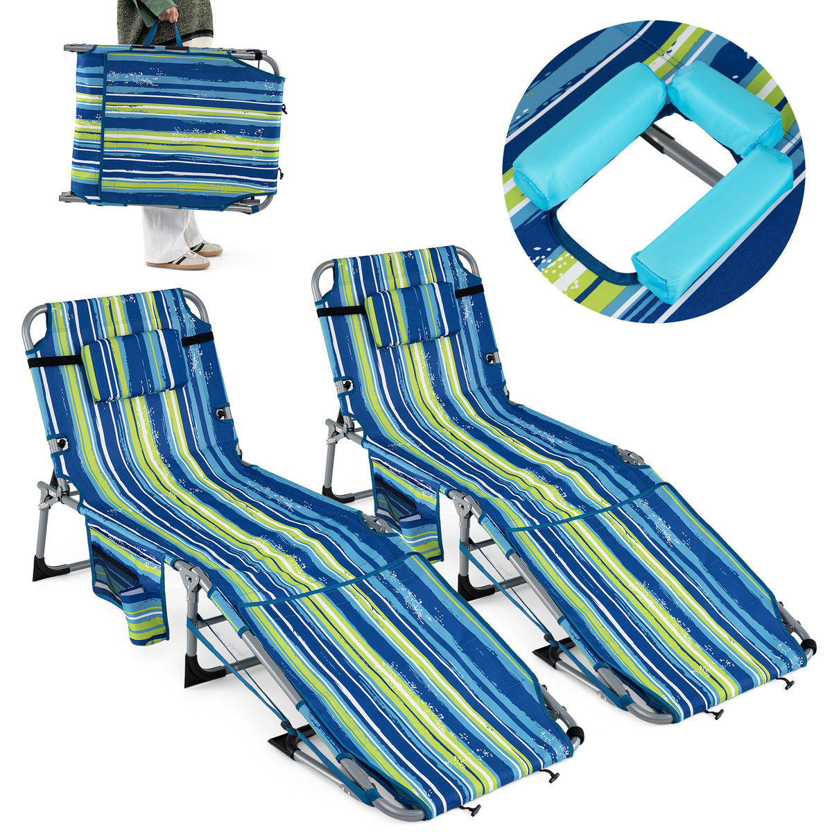 Portable Tanning Chairs, Set of 2, 4-Level Backrest, Blue & Green Beach & Lawn Chairs at Gallery Canada