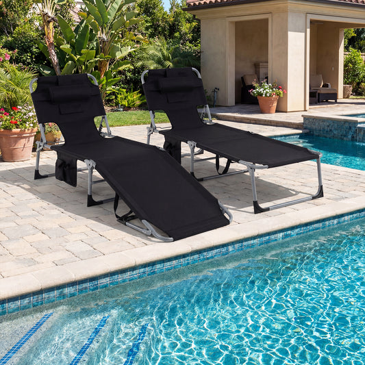 2-Pack Portable Tanning Chair, 4-Position Adjustable Backrest, Black Outdoor Chaise Lounges Black at Gallery Canada