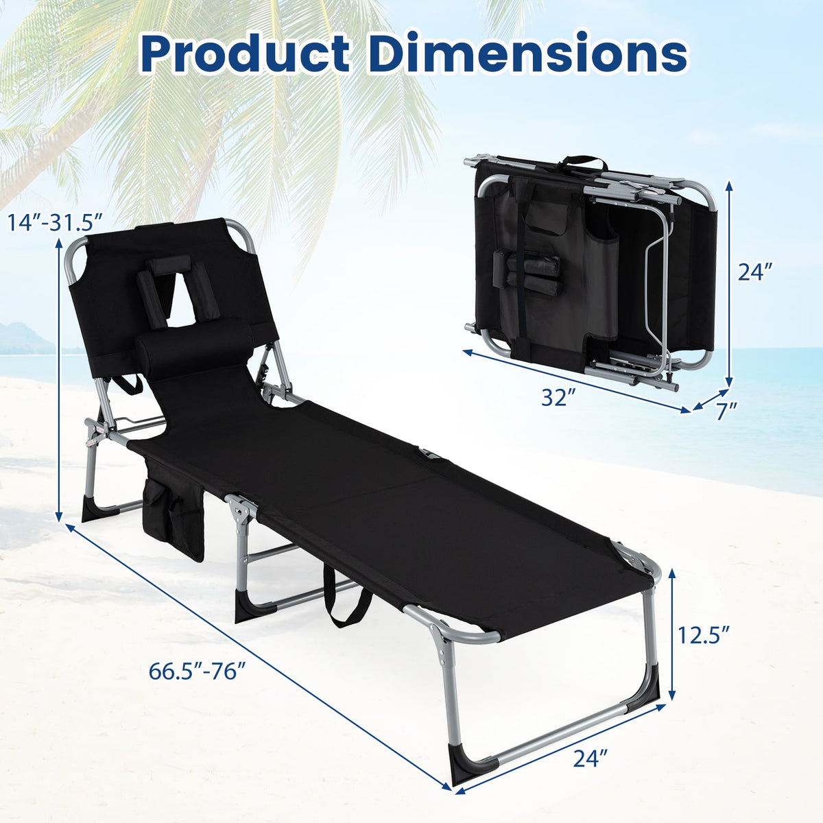 2-Pack Portable Tanning Chair, 4-Position Adjustable Backrest, Black Outdoor Chaise Lounges at Gallery Canada