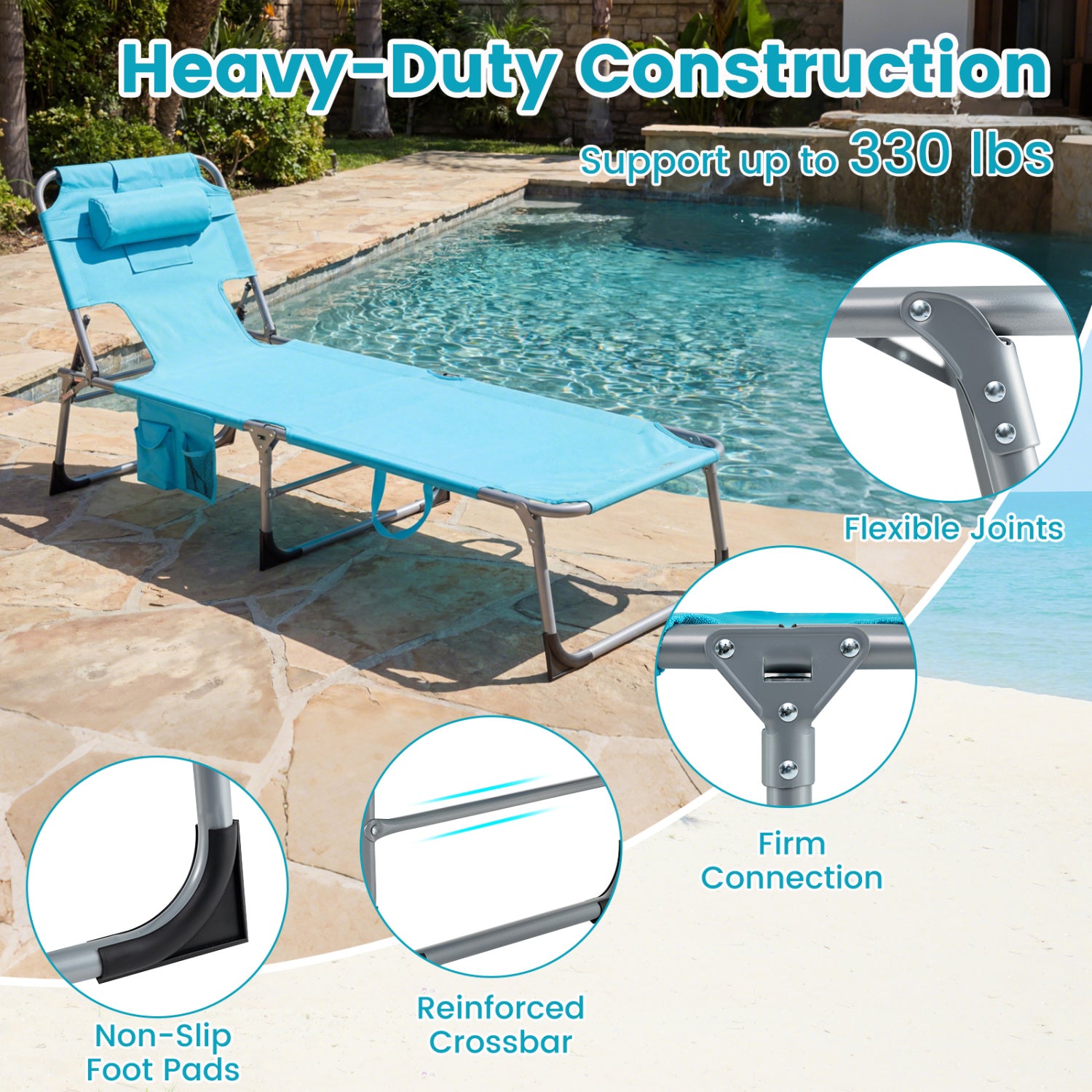 Portable Tanning Chair Set, 4-Position Adjustable Backrest, Multicolor Outdoor Chaise Lounges at Gallery Canada