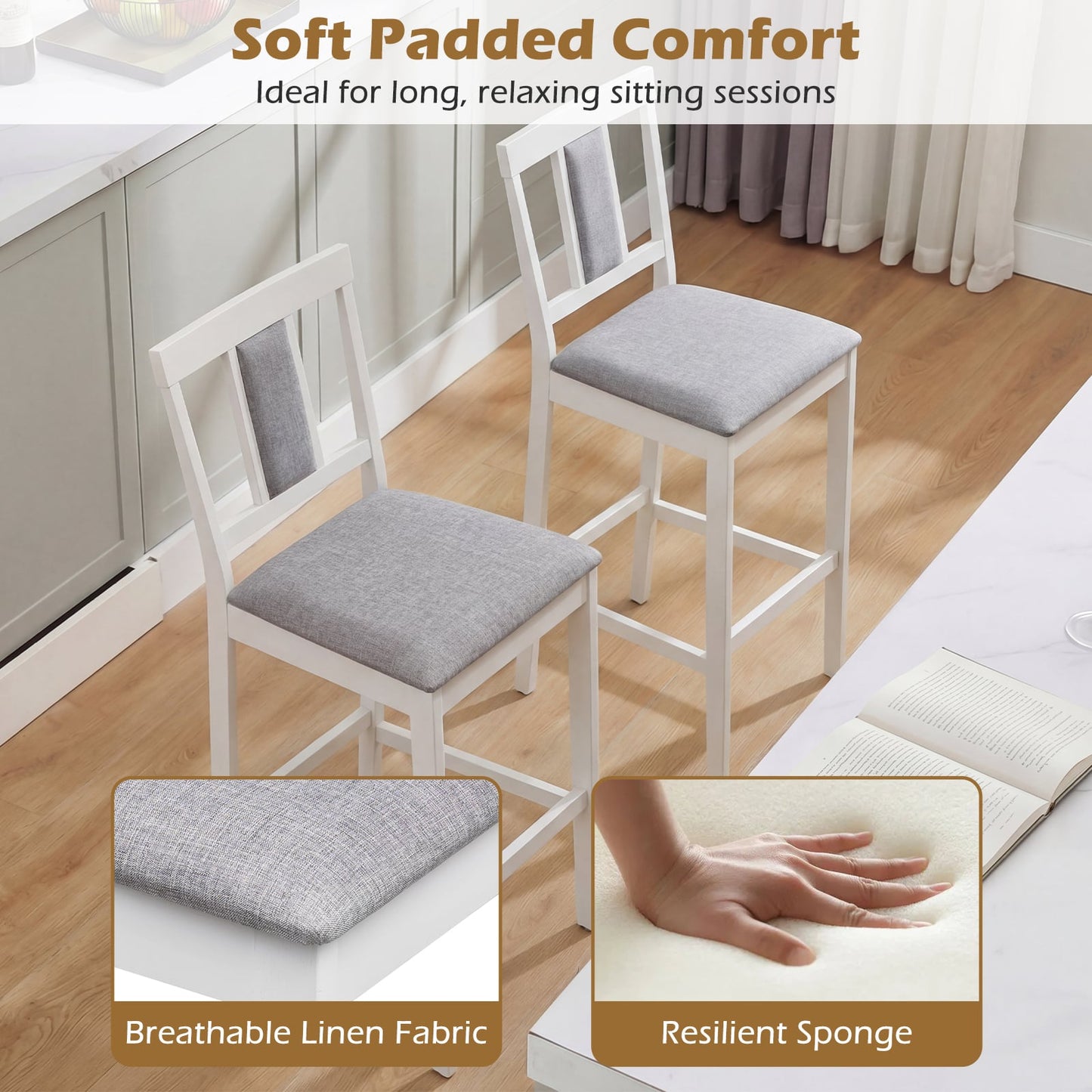 Upholstered Barstool Set, 29.5 Inch, Solid Rubber Wood Frame, White Bar Stools at Gallery Canada