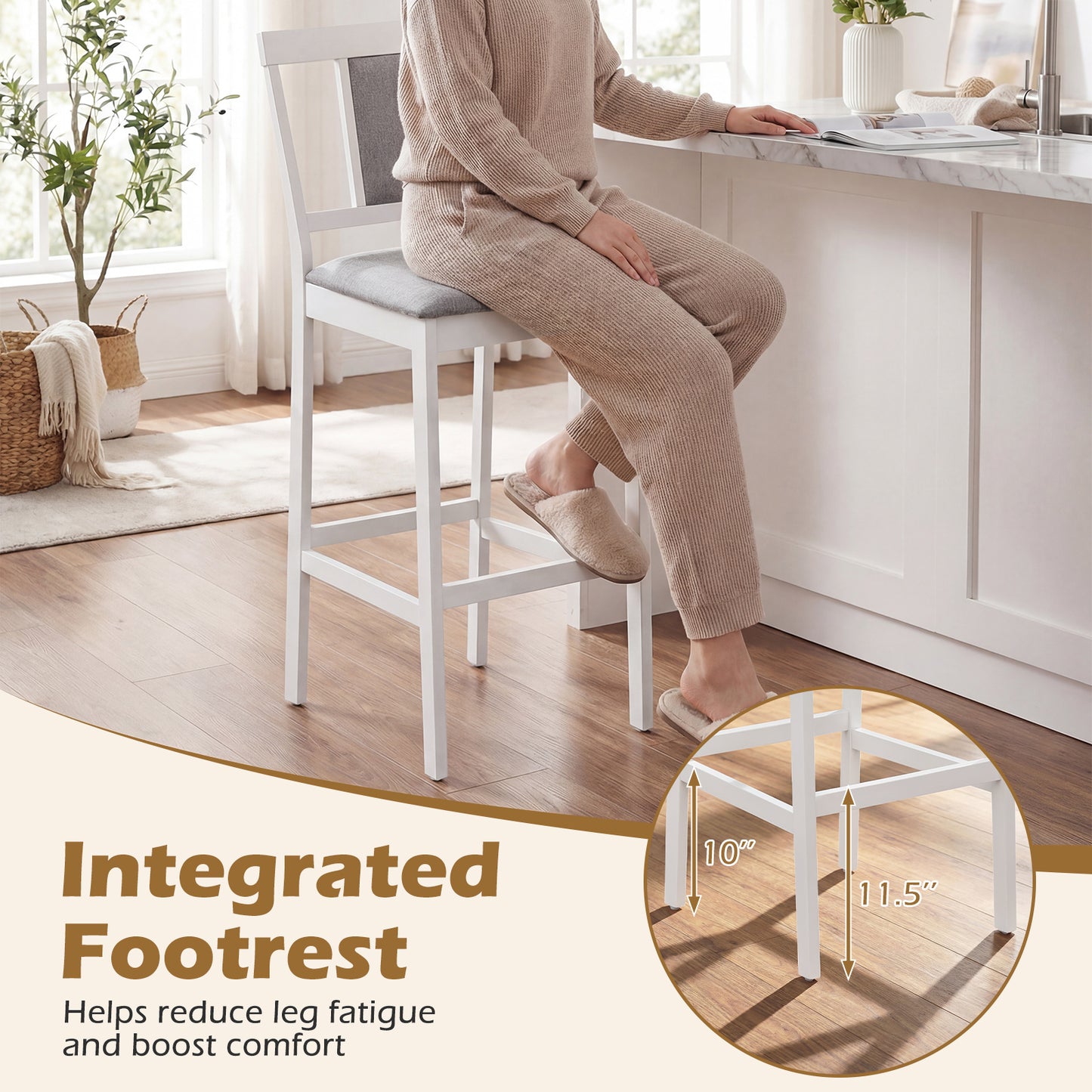 Upholstered Barstool Set, 29.5 Inch, Solid Rubber Wood Frame, White Bar Stools at Gallery Canada