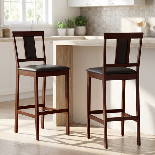 Upholstered Barstool Set, 29.5 Inch, Solid Rubber Wood Frame, Walnut