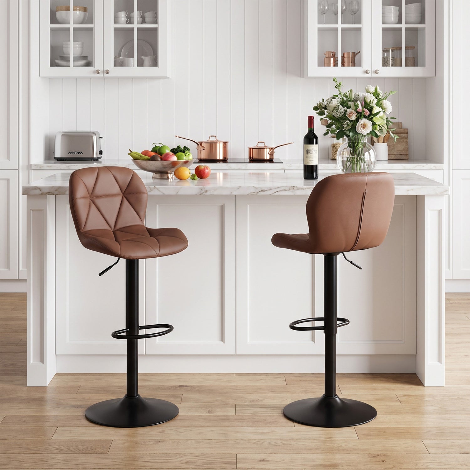 2 Swivel Bar Stools, Adjustable Height, Curved Backs, Brown Bar Stools at Gallery Canada