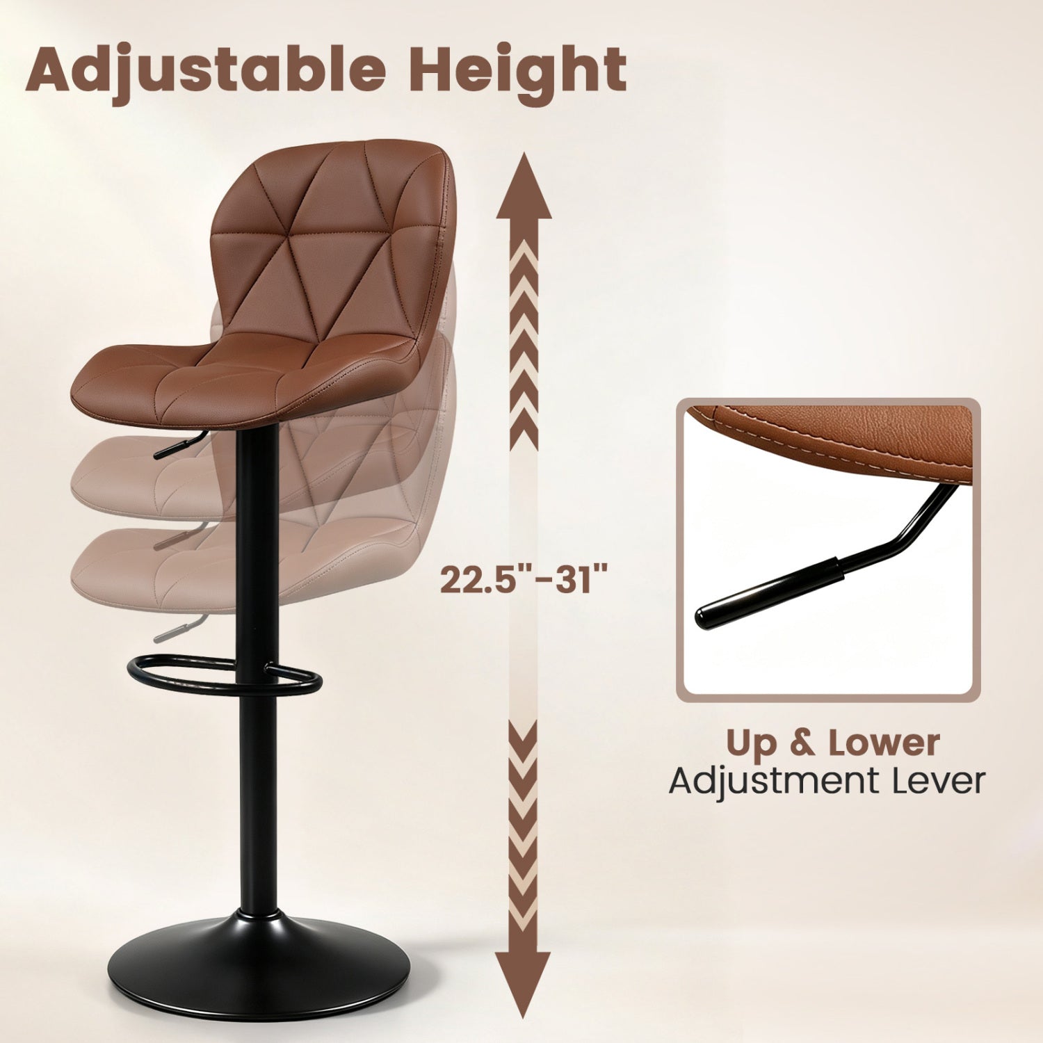 2 Swivel Bar Stools, Adjustable Height, Curved Backs, Brown Bar Stools at Gallery Canada