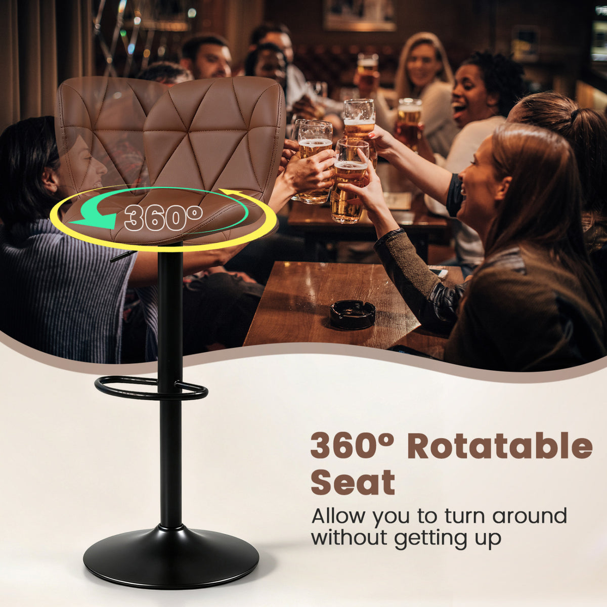 2 Swivel Bar Stools, Adjustable Height, Curved Backs, Brown Bar Stools at Gallery Canada