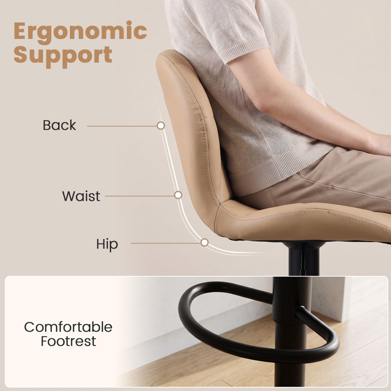 Upholstered Swivel Bar Stools Set of 2, Adjustable Height, Khaki Bar Stools at Gallery Canada