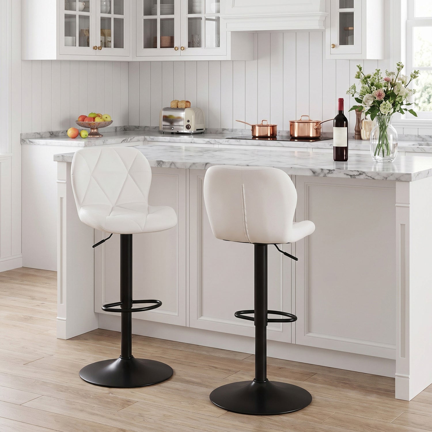 2 Swivel Bar Stools Adjustable Height Curved Backs, White Bar Stools at Gallery Canada