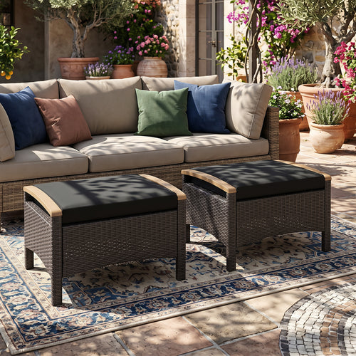 Set of 2 Wicker Ottoman with Cushion, Black
