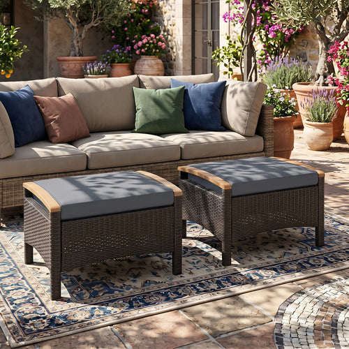 Set of 2 Wicker Patio Ottoman Fade-Resistant Foot Rest with Cushion, Gray