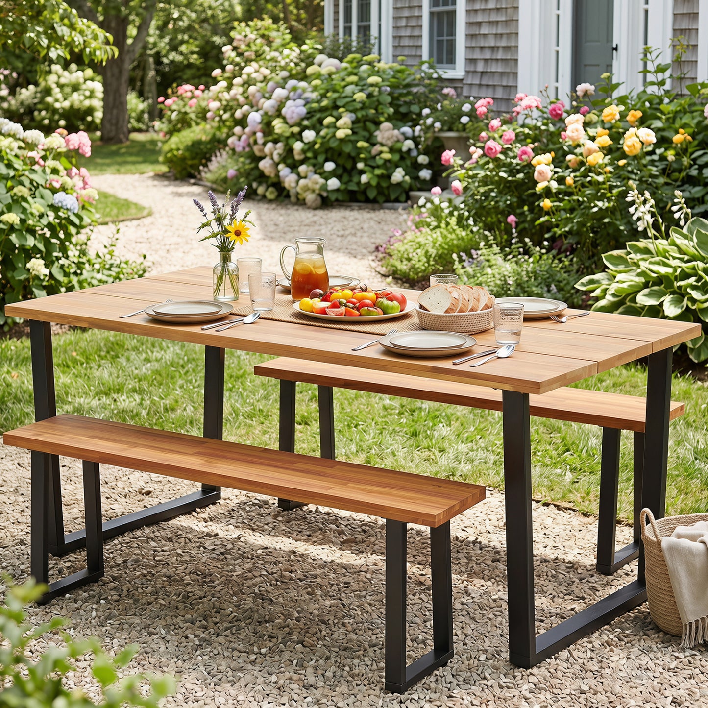 Set of 2 Wood Patio Bench, 47.5" Long Dining Bench Outdoor Benches at Gallery Canada