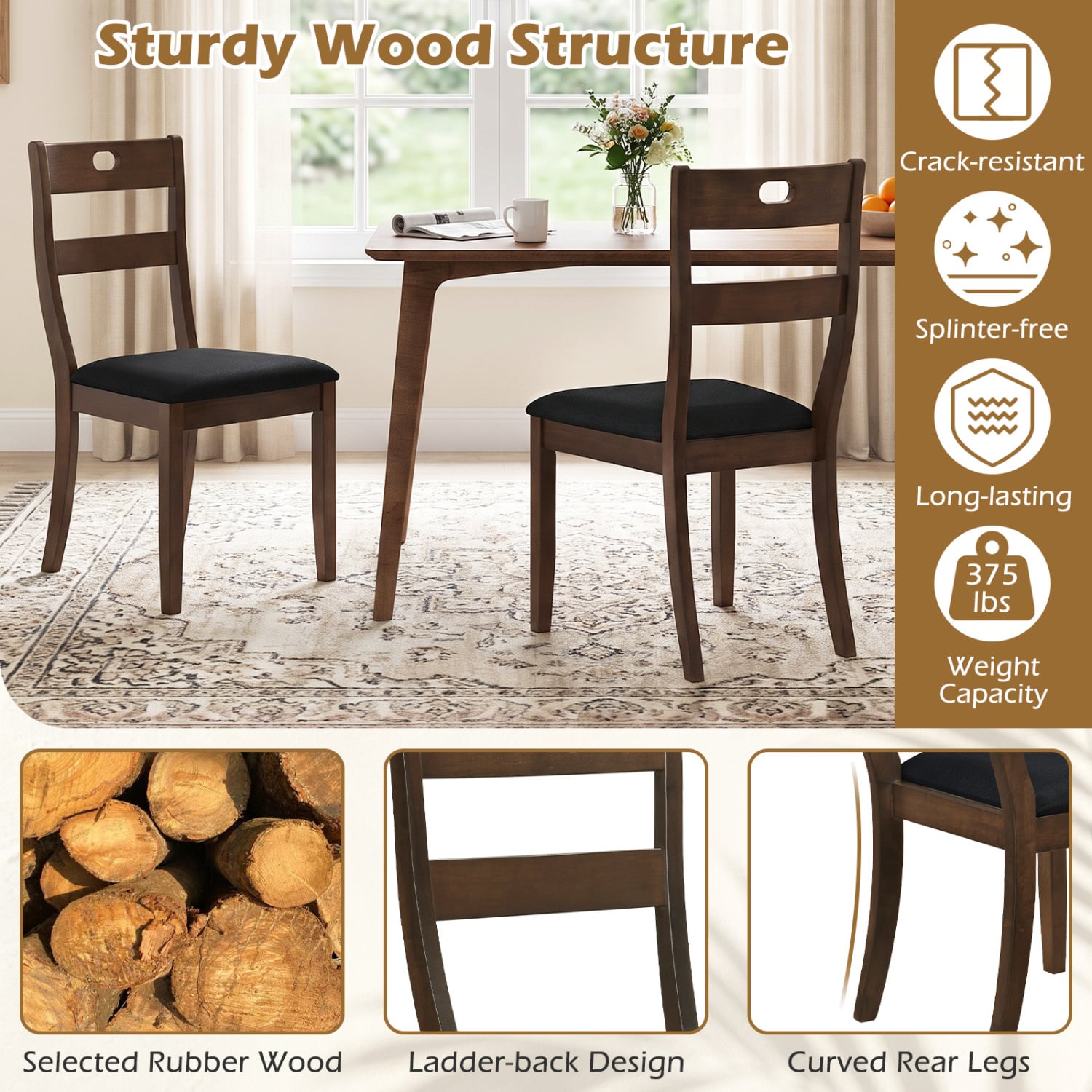 2 Wooden Dining Chairs, Padded Seats, Walnut Dining Chairs at Gallery Canada