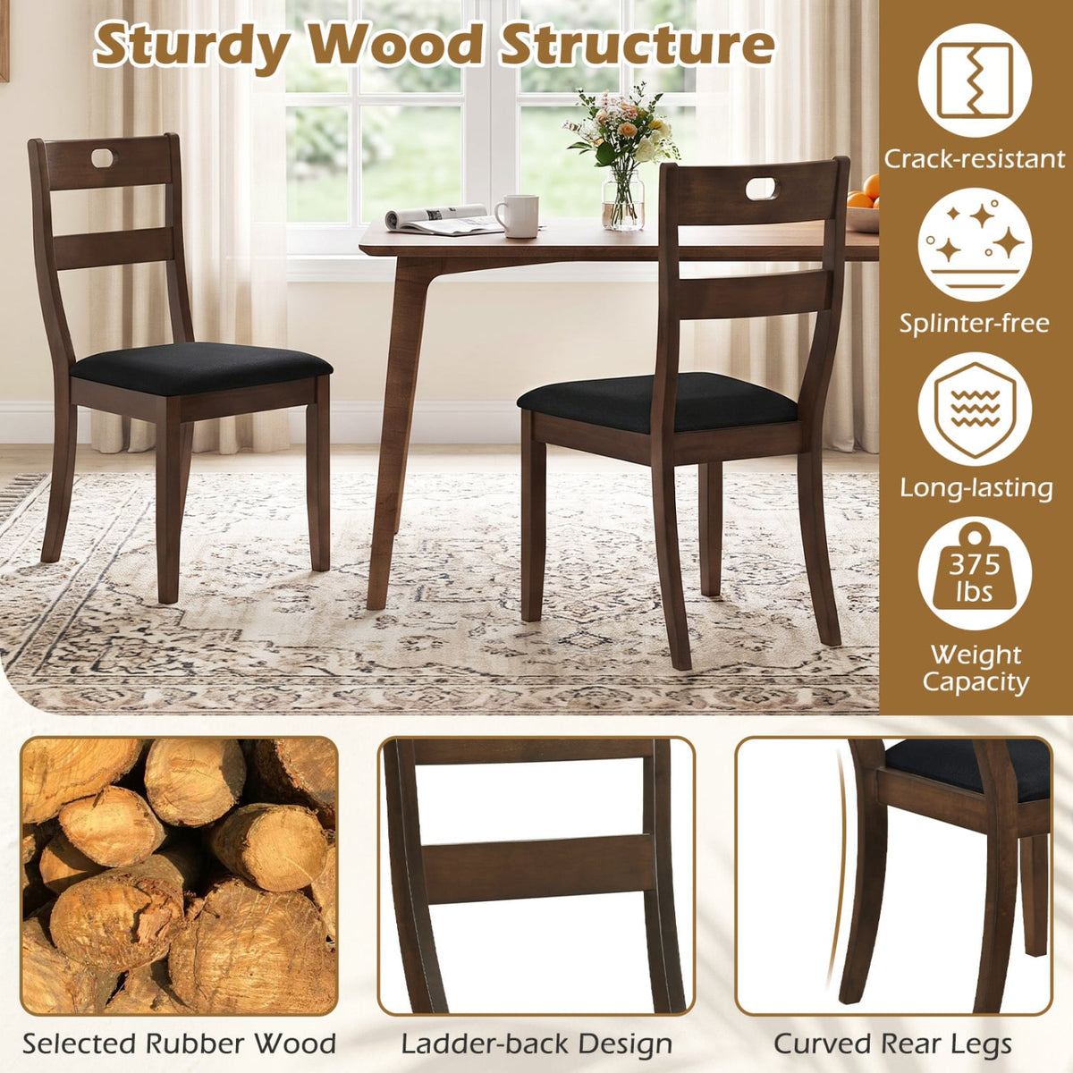 2 Wooden Dining Chairs, Padded Seats, Walnut Dining Chairs at Gallery Canada
