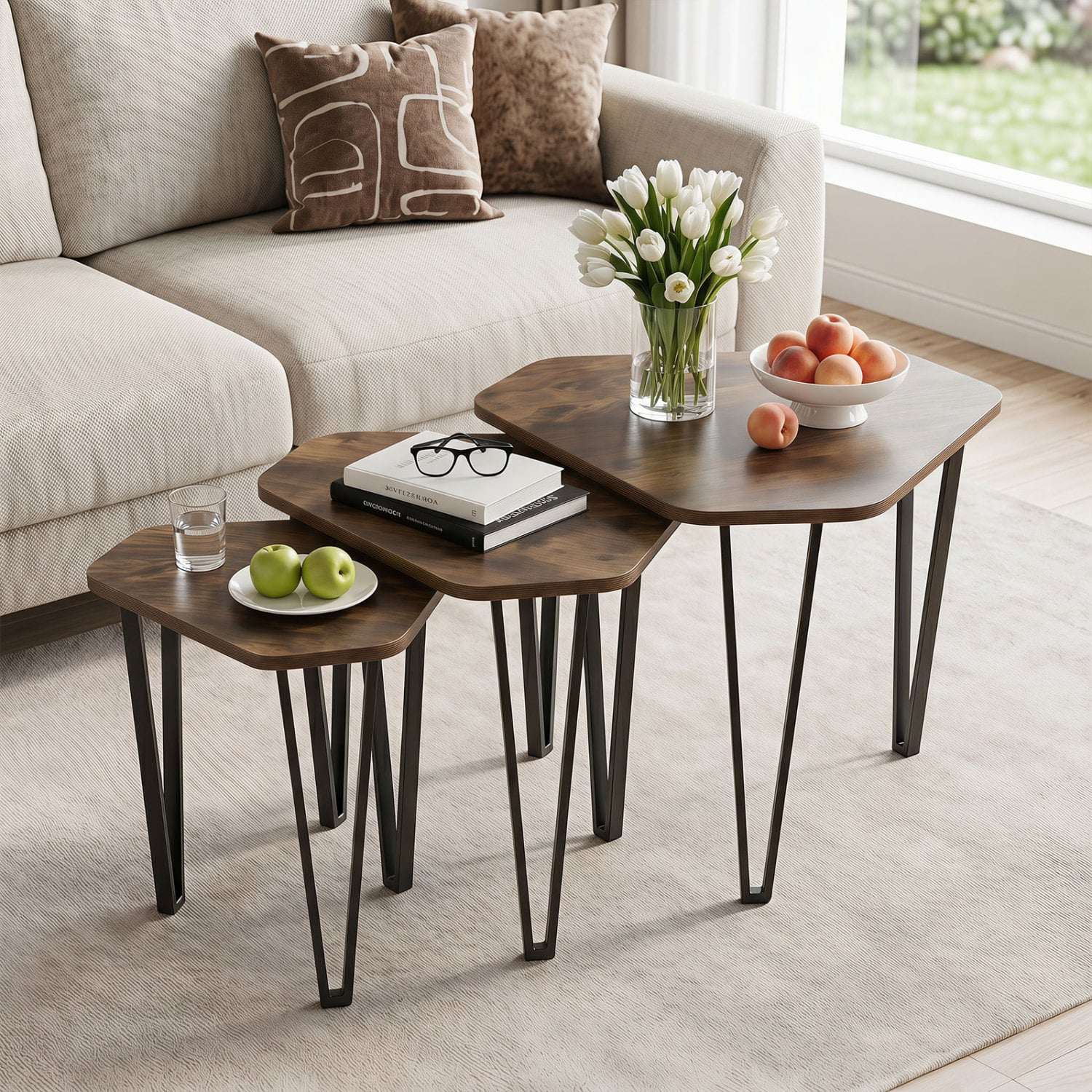 Set Of 3 Nesting Coffee Tables, Engineered Wood, Metal Frame, Rustic Brown Coffee Tables at Gallery Canada