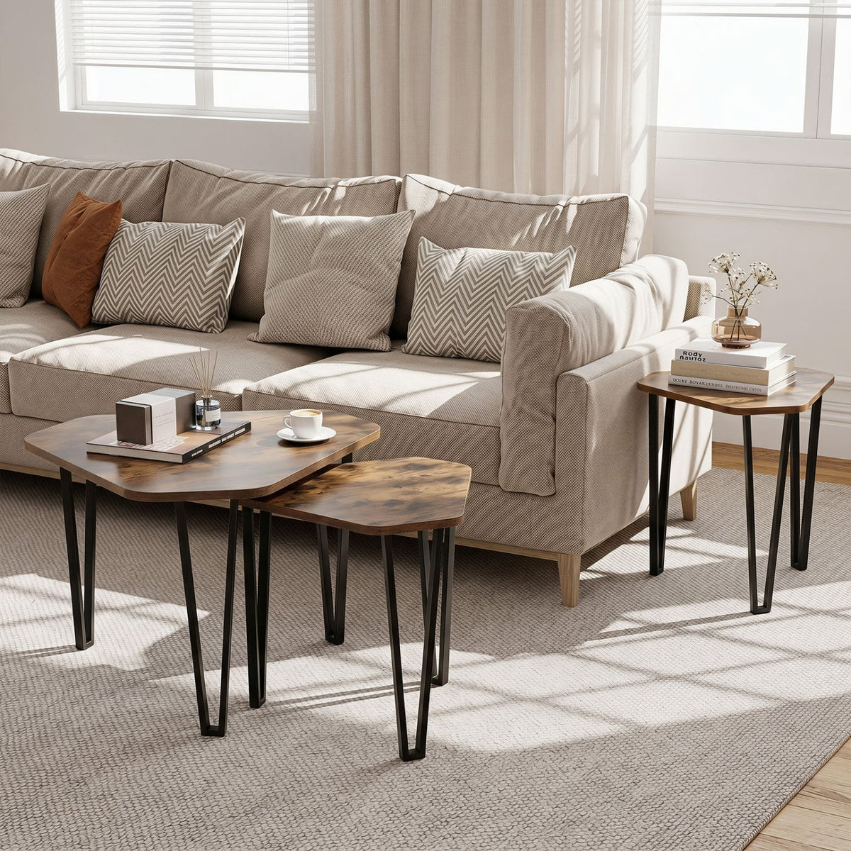 Set Of 3 Nesting Coffee Tables, Engineered Wood, Metal Frame, Rustic Brown Coffee Tables at Gallery Canada