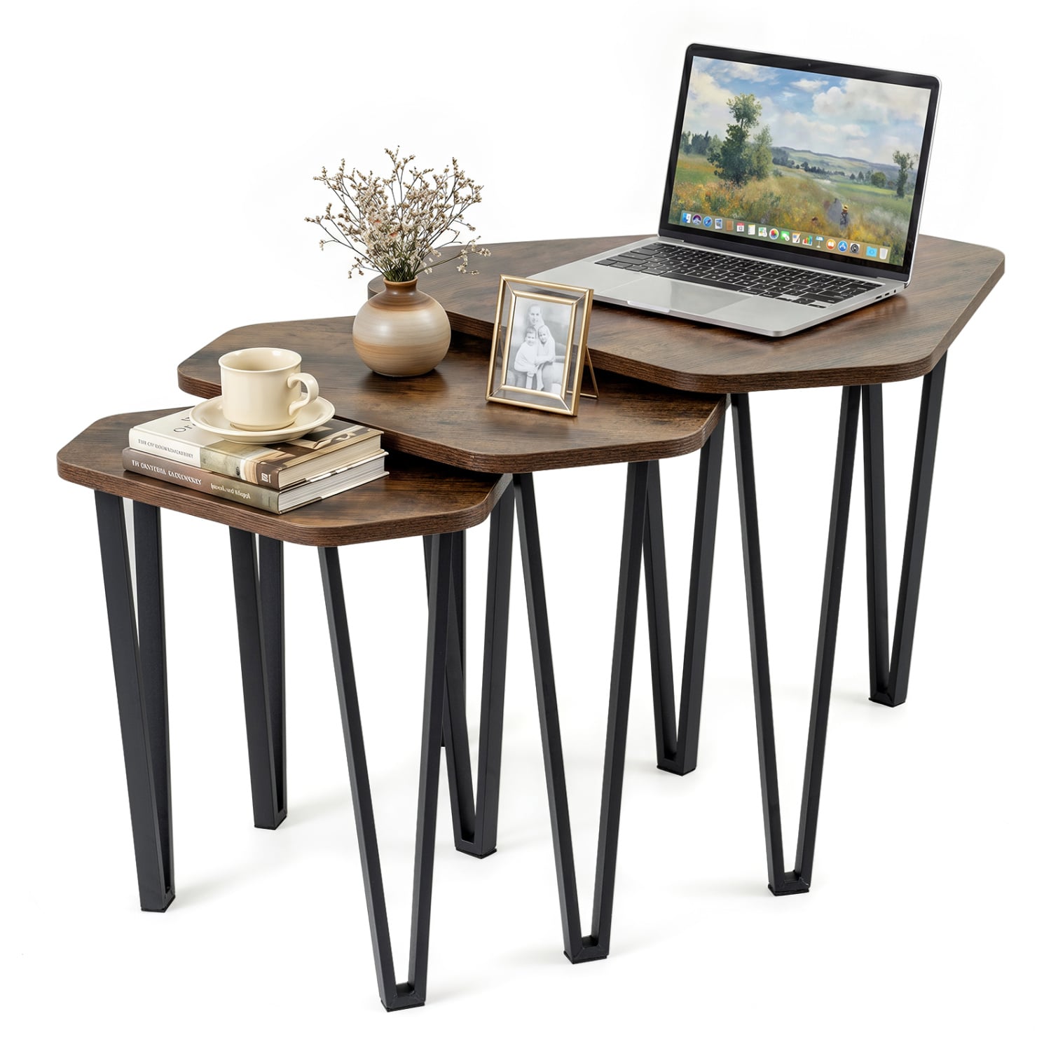Set Of 3 Nesting Coffee Tables, Engineered Wood, Metal Frame, Rustic Brown Coffee Tables Rustic Brown at Gallery Canada
