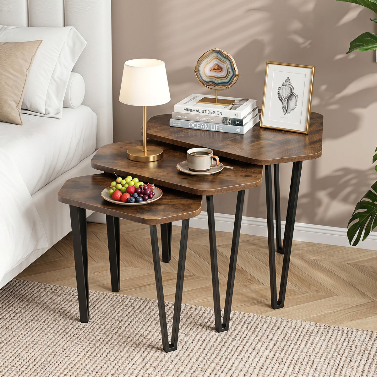 Set Of 3 Nesting Coffee Tables, Engineered Wood, Metal Frame, Rustic Brown Coffee Tables at Gallery Canada