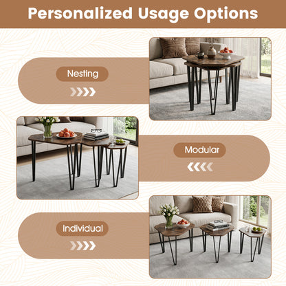 Set Of 3 Nesting Coffee Tables, Engineered Wood, Metal Frame, Rustic Brown Coffee Tables at Gallery Canada