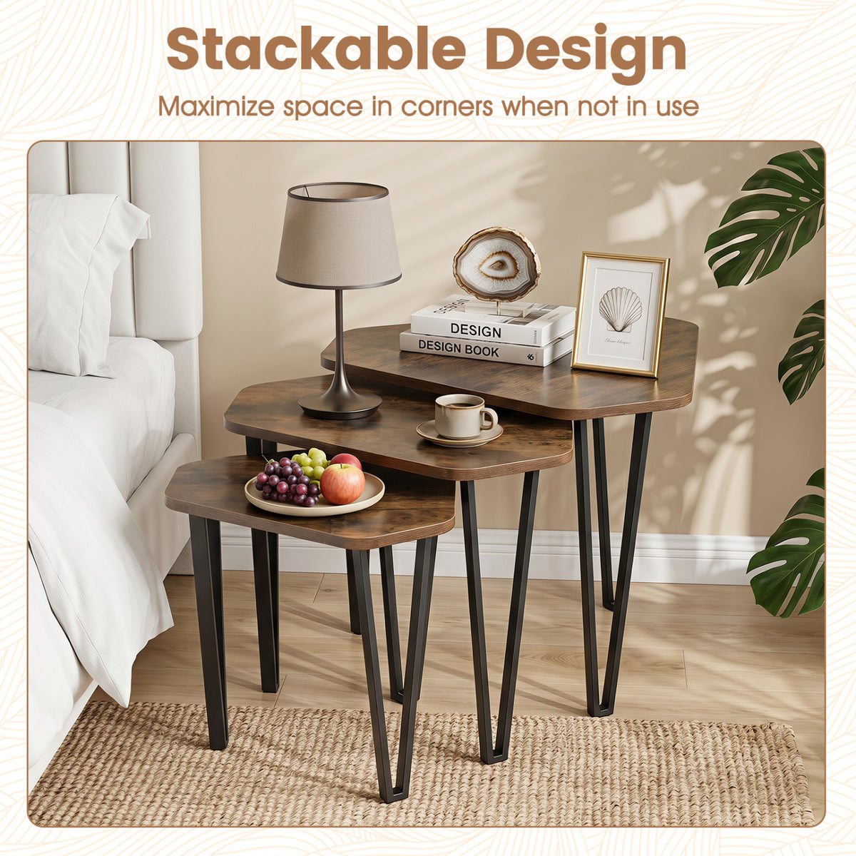 Set Of 3 Nesting Coffee Tables, Engineered Wood, Metal Frame, Rustic Brown Coffee Tables at Gallery Canada