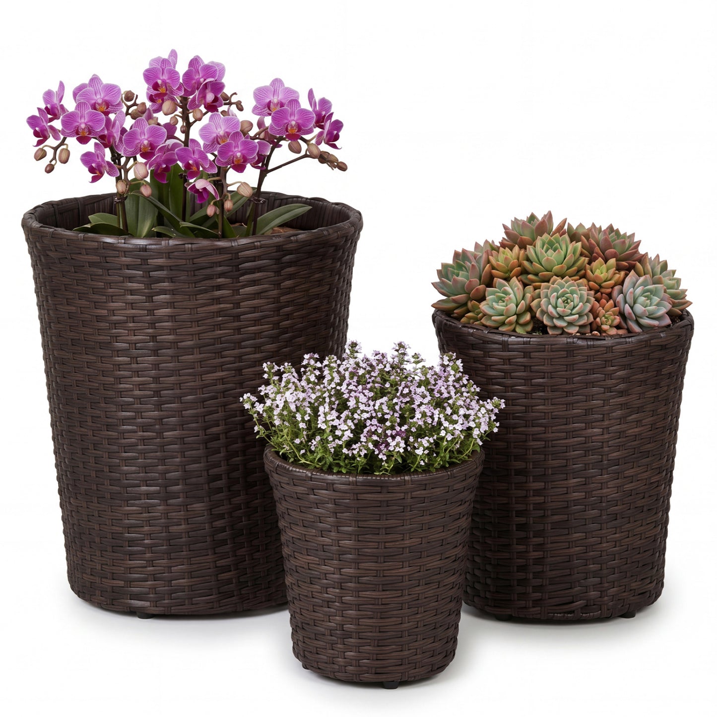 Set of 3 Plastic Planters with Drainage Holes and Saucers for Porch and Garden, Brown Faux Plants Brown at Gallery Canada