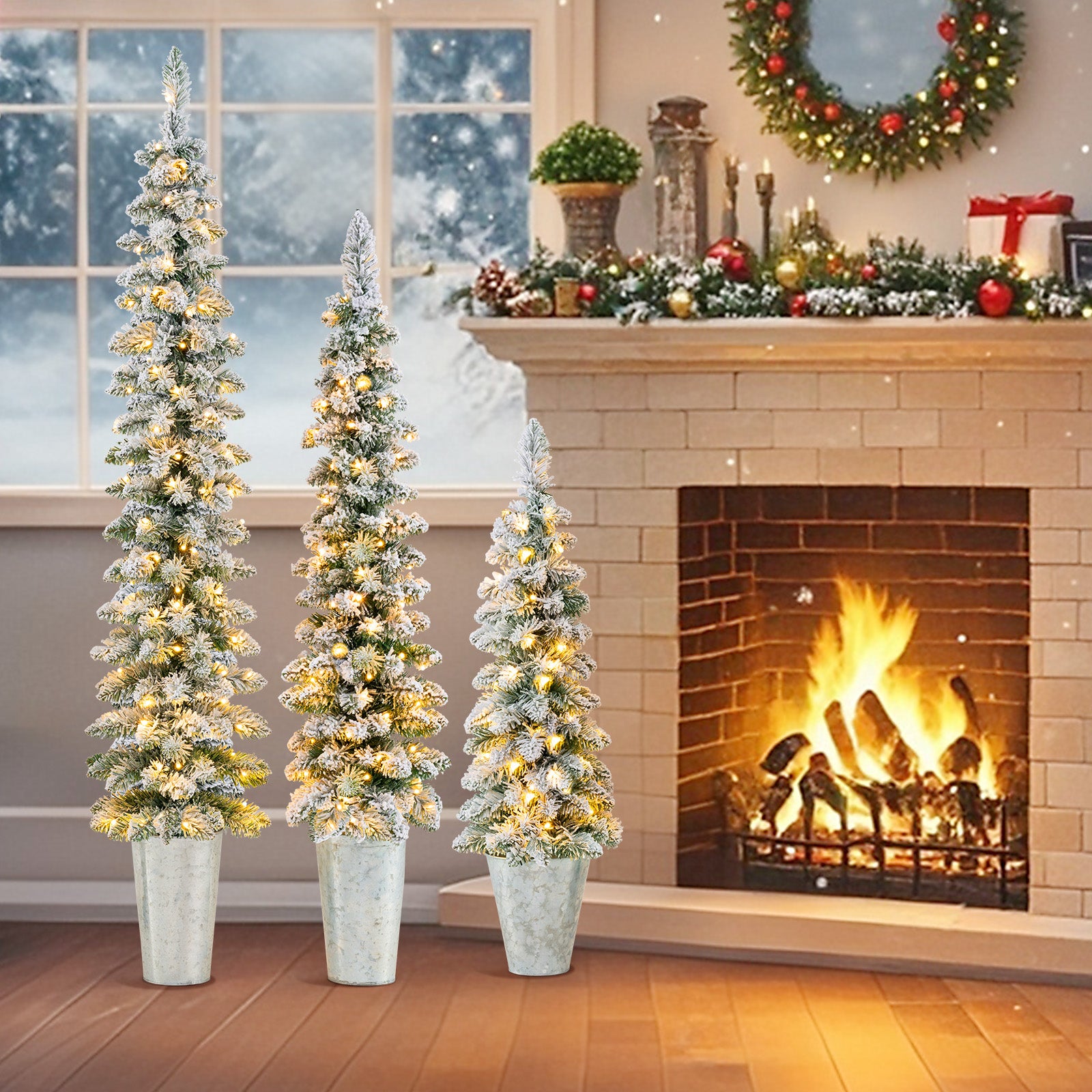 Set of 3 Pre-Lit Snow Flocked Artificial Christmas Trees, Green Christmas Tree at Gallery Canada