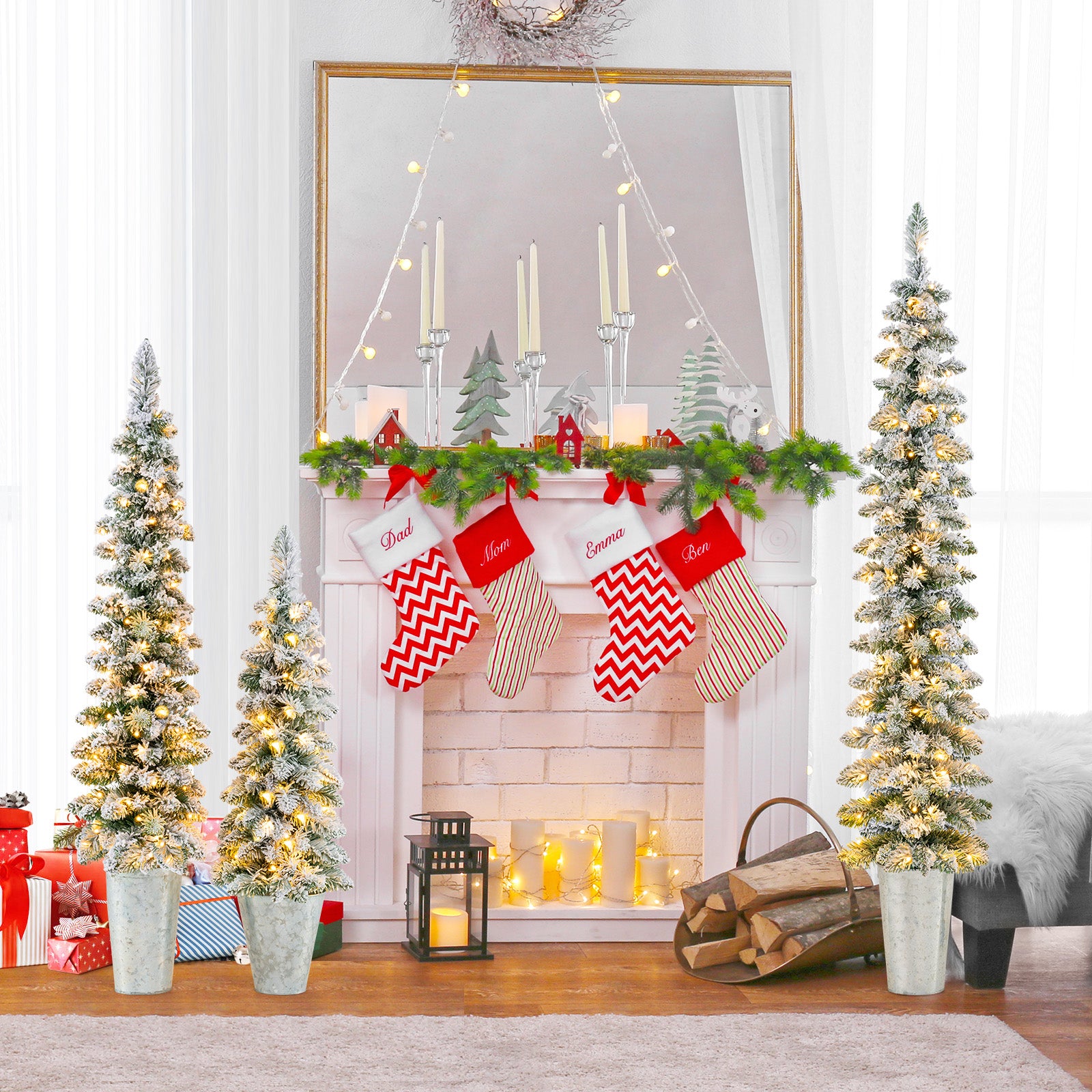 Set of 3 Pre-Lit Snow Flocked Artificial Christmas Trees, Green Christmas Tree at Gallery Canada