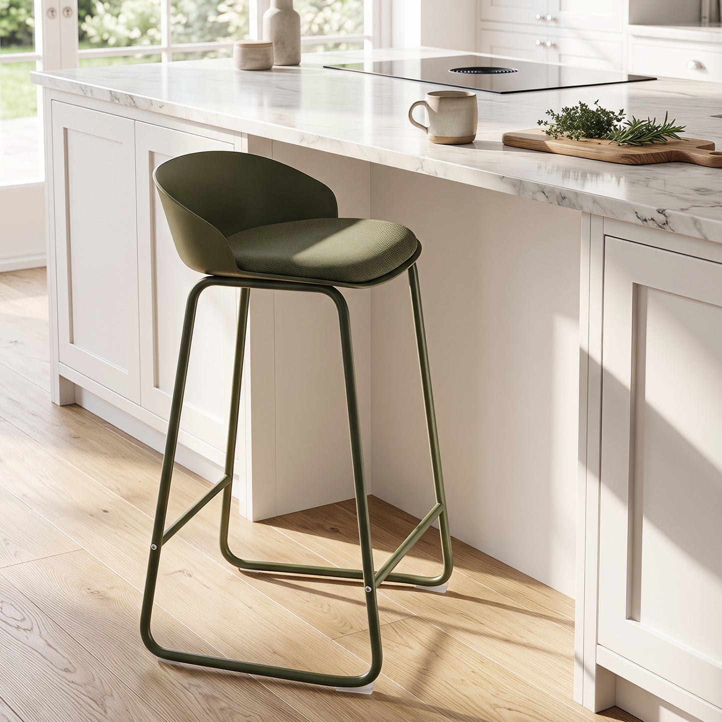 Set of 4 Bar Stools, Curved Backrest, Metal Frame, Green