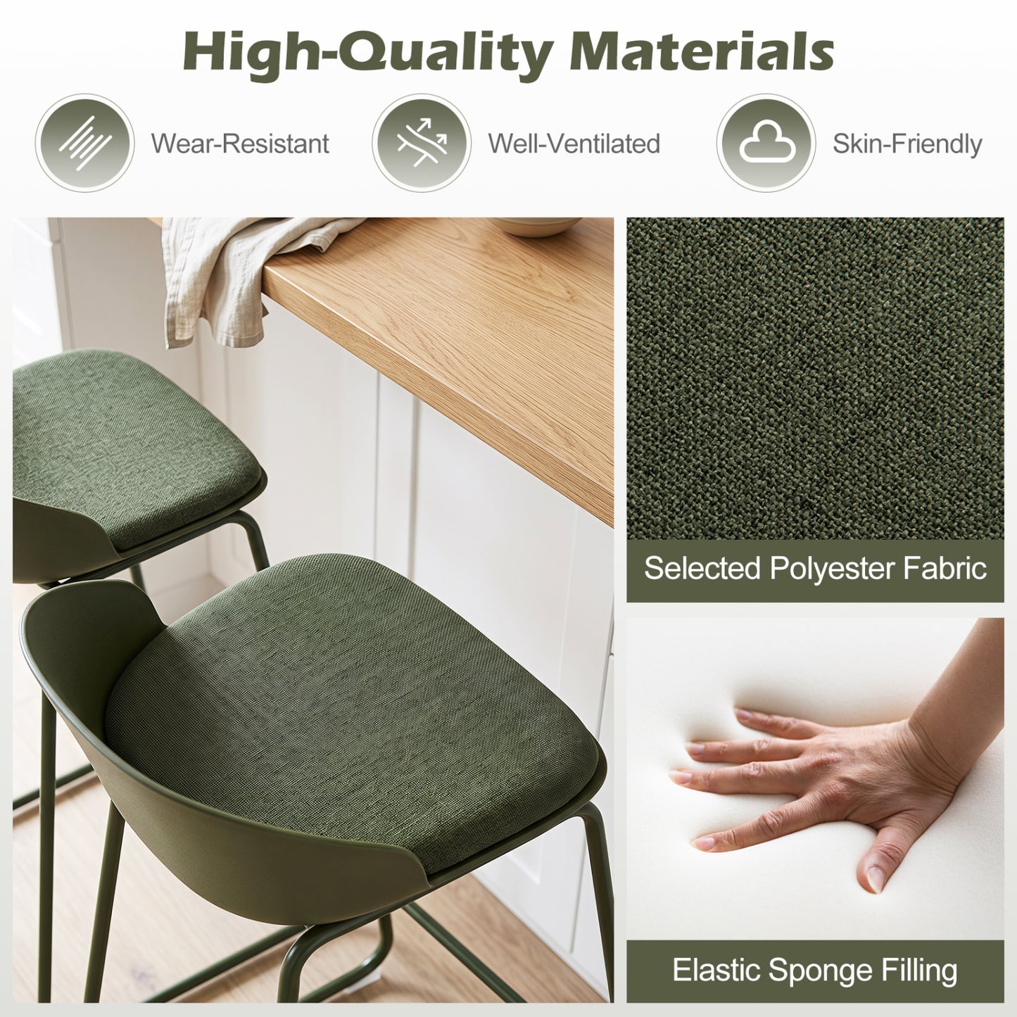 Set of 4 Bar Stools, Curved Backrest, Metal Frame, Green