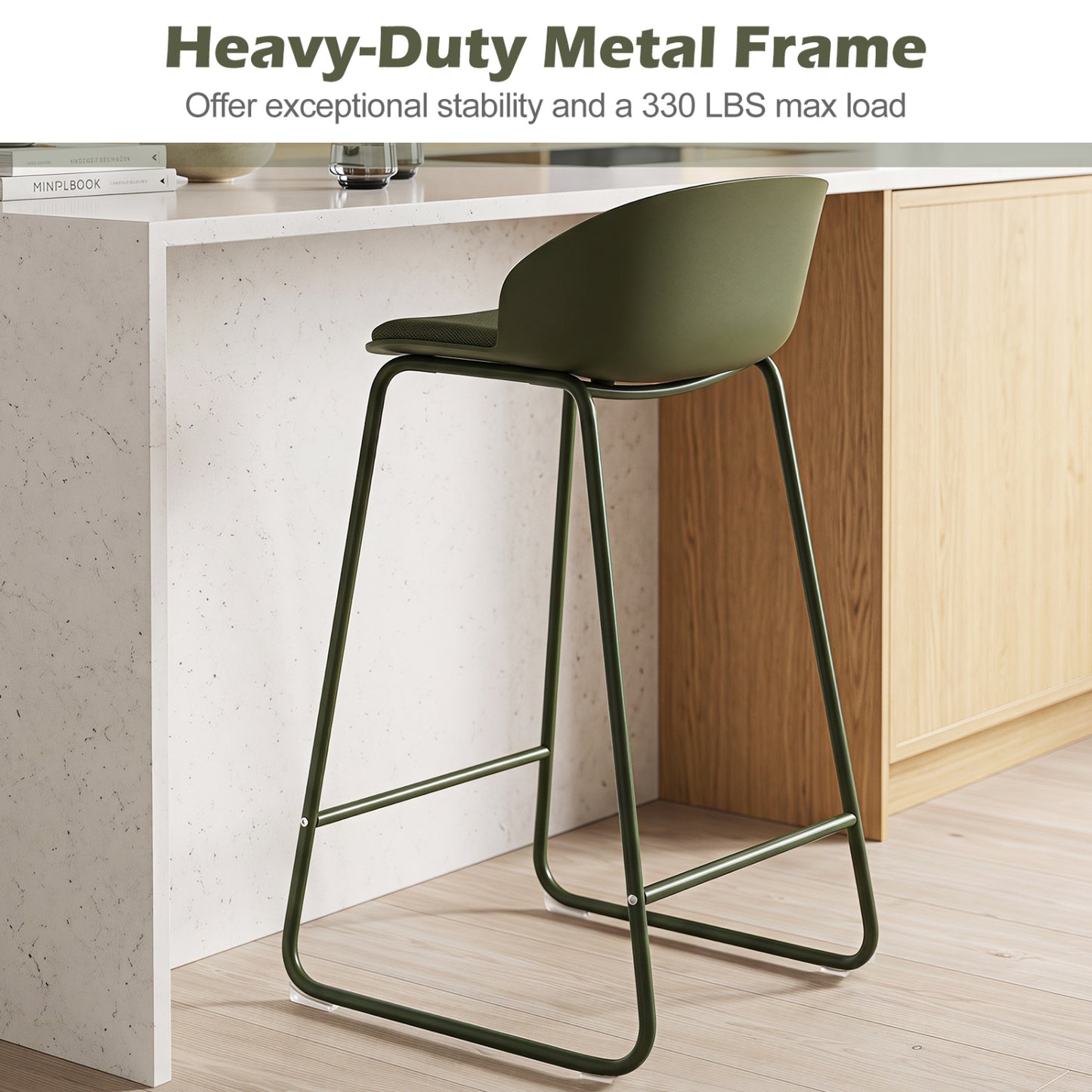 Set of 4 Bar Stools, Curved Backrest, Metal Frame, Green