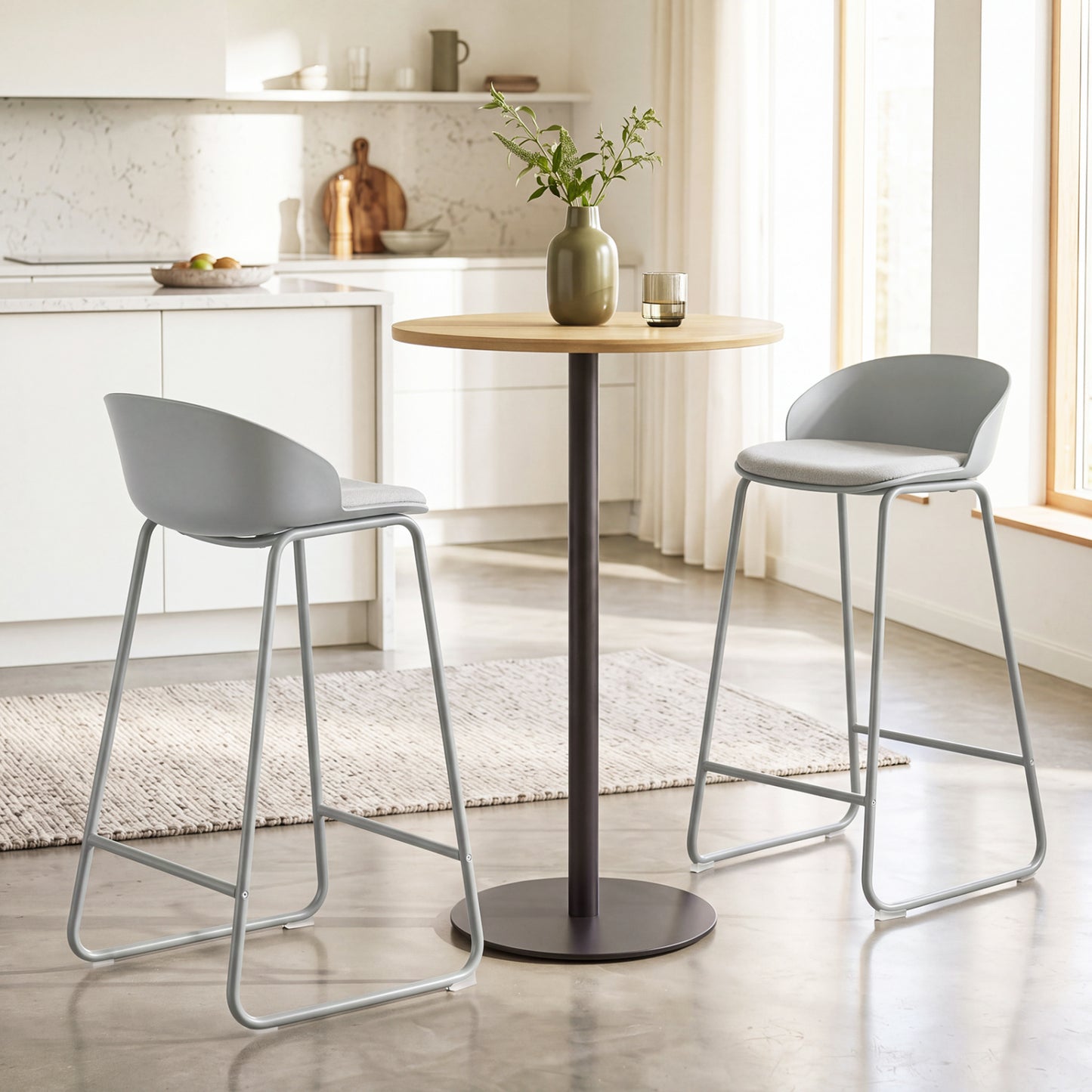 Set of 4 Bar Stools, Curved Backrest, Metal Frame, Gray