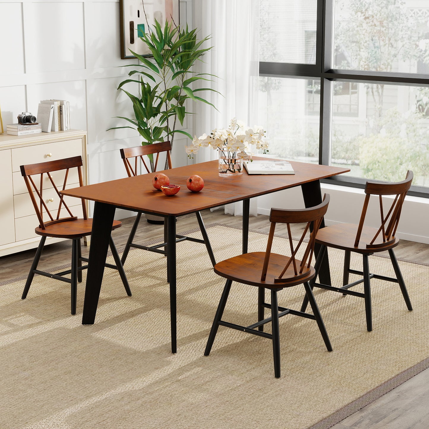 Set of 4 Dining Chairs with Rubber Wood Frame and Curved Cross Back, Dark Brown Dining Chairs at Gallery Canada