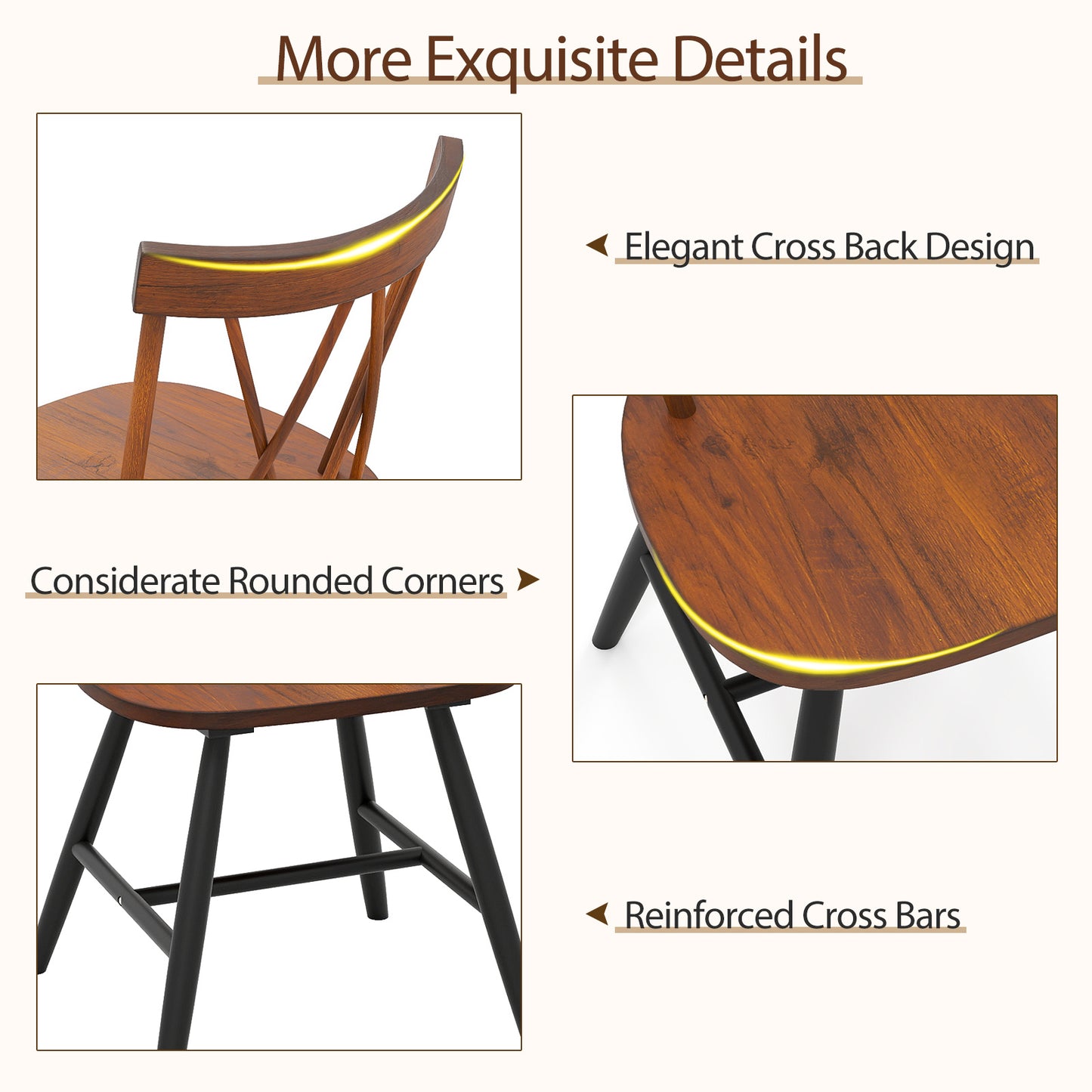 Set of 4 Dining Chairs with Rubber Wood Frame and Curved Cross Back, Dark Brown Dining Chairs at Gallery Canada