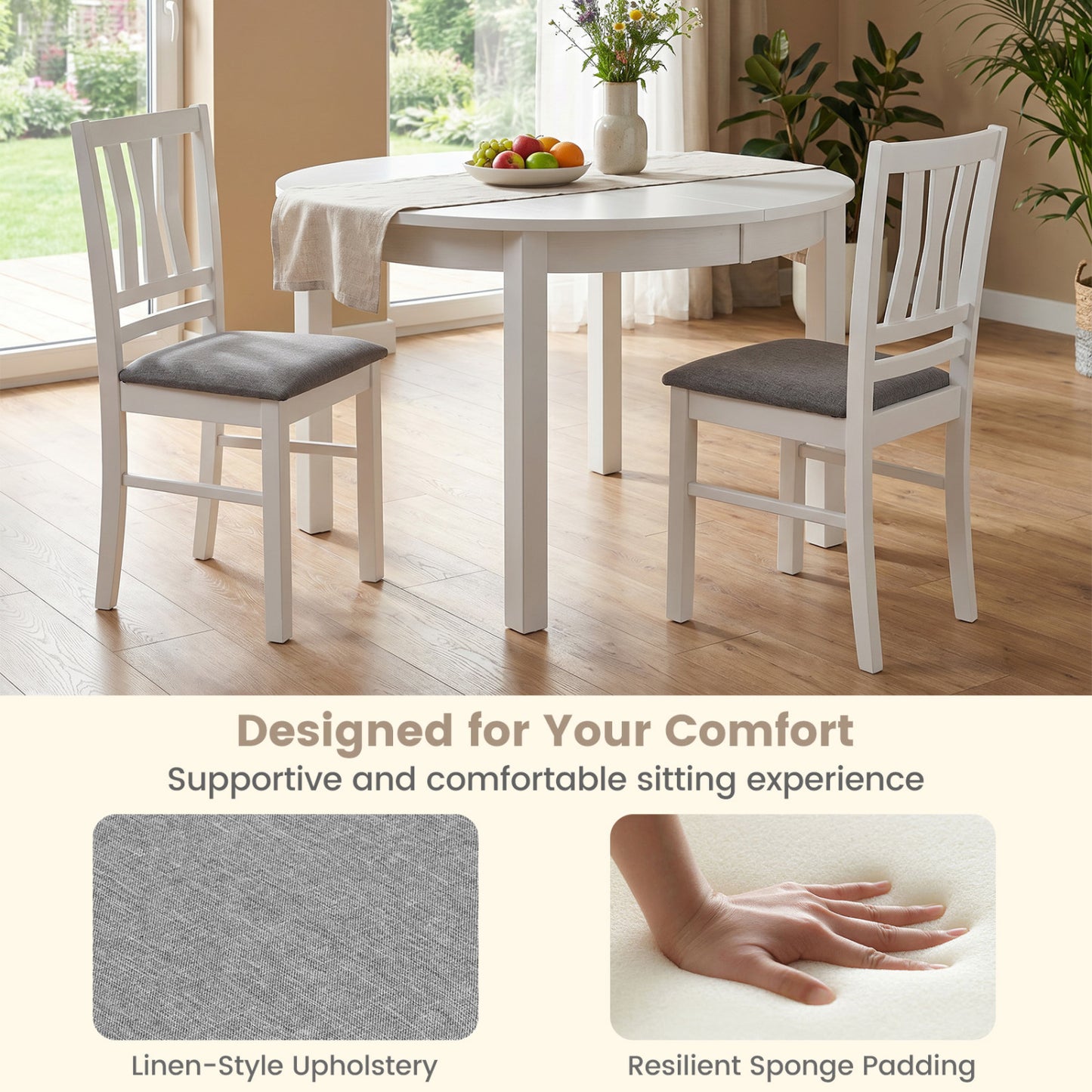 Set of 4 Linen Style Upholstered Kitchen Chairs with Wood Frames, White Dining Chairs at Gallery Canada