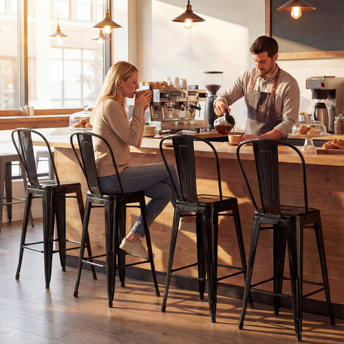 Set of 4 Metal Bar Stools with Backrests, Black