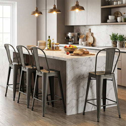Set Of 4 Metal Bar Stools, Backrests And Footrests, Gun Metal