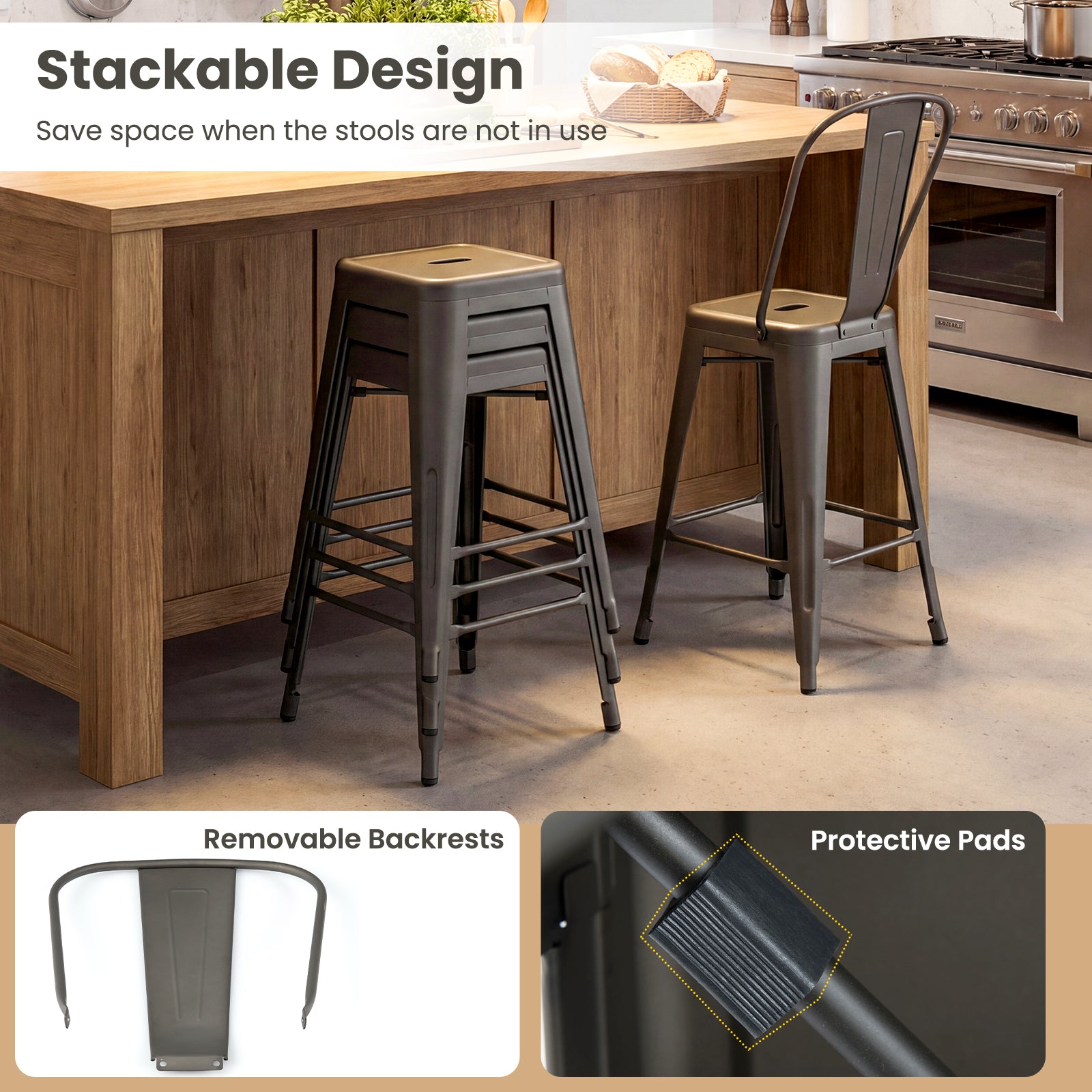Set Of 4 Metal Bar Stools, Backrests And Footrests, Gun Metal Bar Stools at Gallery Canada