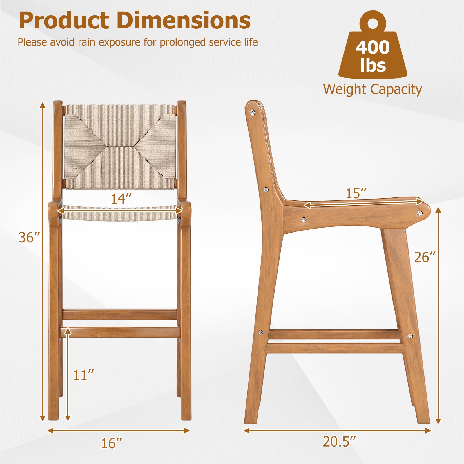 Set of 4 Outdoor Counter Height Bar Stool Woven Paper Rope Patio Barstool with Teak Wood Frame Patio Bar Furniture at Gallery Canada